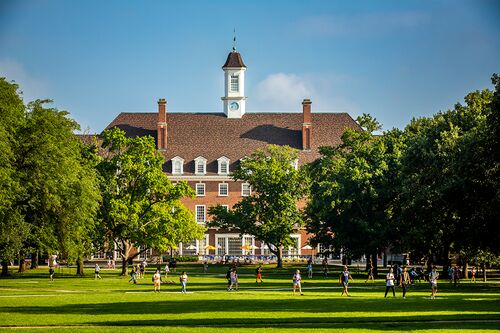 the Illini Union in the distance, with the green grass and trees of the Quad in the foreground