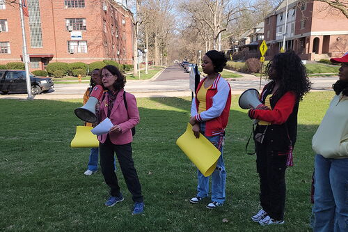 Benita Katzenellenbogen speaks during walk